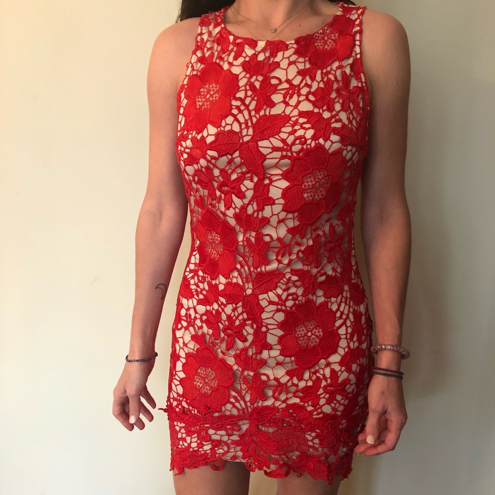 Red Lace Overlay Bodycon Dress